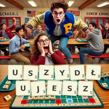 Kreatywna ilustracja do gry w Scrabble ze słowem USZYDŁUJESZ ułożonym z płytek na planszy.