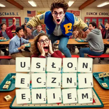 Kreatywna ilustracja do gry w Scrabble ze słowem USŁONECZNIENIEM ułożonym z płytek na planszy.