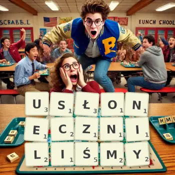 Kreatywna ilustracja do gry w Scrabble ze słowem USŁONECZNILIŚMY ułożonym z płytek na planszy.