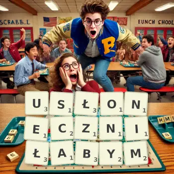 Kreatywna ilustracja do gry w Scrabble ze słowem USŁONECZNIŁABYM ułożonym z płytek na planszy.