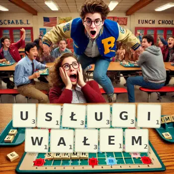 Kreatywna ilustracja do gry w Scrabble ze słowem USŁUGIWAŁEM ułożonym z płytek na planszy.