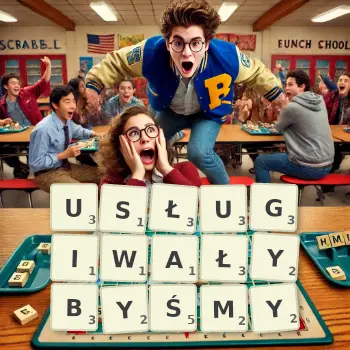 Kreatywna ilustracja do gry w Scrabble ze słowem USŁUGIWAŁYBYŚMY ułożonym z płytek na planszy.