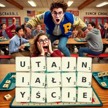 Kreatywna ilustracja do gry w Scrabble ze słowem UTAJNIAŁYBYŚCIE ułożonym z płytek na planszy.