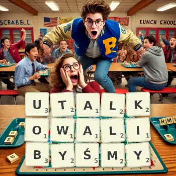 Kreatywna ilustracja do gry w Scrabble ze słowem UTALKOWALIBYŚMY ułożonym z płytek na planszy.