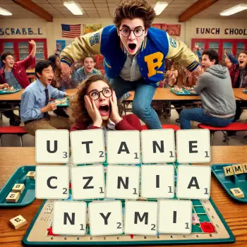 Kreatywna ilustracja do gry w Scrabble ze słowem UTANECZNIANYMI ułożonym z płytek na planszy.