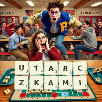 Kreatywna ilustracja do gry w Scrabble ze słowem UTARCZKAMI ułożonym z płytek na planszy.