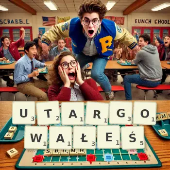 Kreatywna ilustracja do gry w Scrabble ze słowem UTARGOWAŁEŚ ułożonym z płytek na planszy.