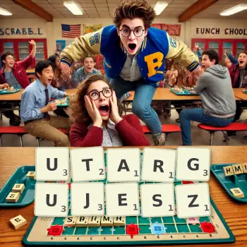 Kreatywna ilustracja do gry w Scrabble ze słowem UTARGUJESZ ułożonym z płytek na planszy.