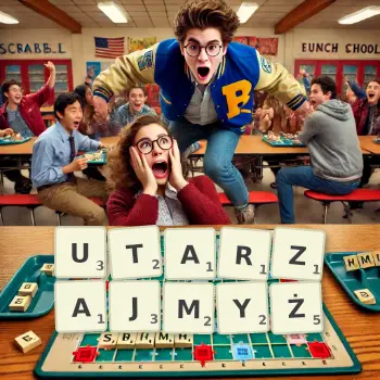 Kreatywna ilustracja do gry w Scrabble ze słowem UTARZAJMYŻ ułożonym z płytek na planszy.