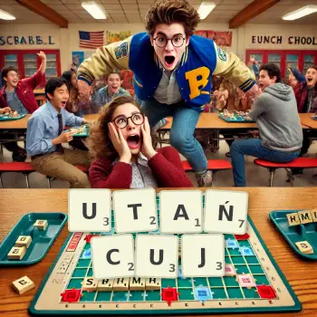 Kreatywna ilustracja do gry w Scrabble ze słowem UTAŃCUJ ułożonym z płytek na planszy.