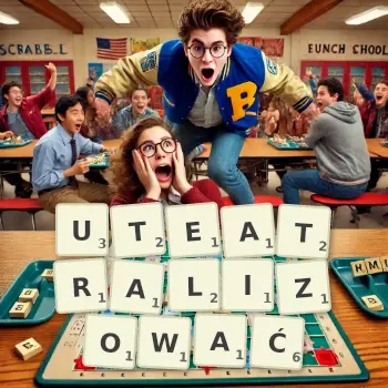 Kreatywna ilustracja do gry w Scrabble ze słowem UTEATRALIZOWAĆ ułożonym z płytek na planszy.