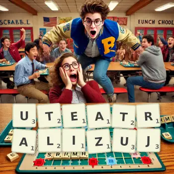 Kreatywna ilustracja do gry w Scrabble ze słowem UTEATRALIZUJ ułożonym z płytek na planszy.