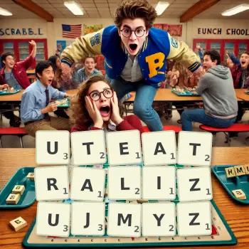 Kreatywna ilustracja do gry w Scrabble ze słowem UTEATRALIZUJMYZ ułożonym z płytek na planszy.