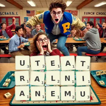 Kreatywna ilustracja do gry w Scrabble ze słowem UTEATRALNIANEMU ułożonym z płytek na planszy.