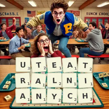 Kreatywna ilustracja do gry w Scrabble ze słowem UTEATRALNIANYCH ułożonym z płytek na planszy.