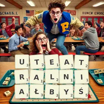 Kreatywna ilustracja do gry w Scrabble ze słowem UTEATRALNIAŁBYŚ ułożonym z płytek na planszy.