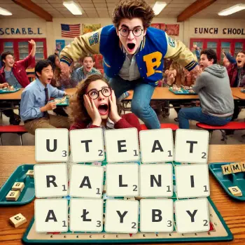 Kreatywna ilustracja do gry w Scrabble ze słowem UTEATRALNIAŁYBY ułożonym z płytek na planszy.