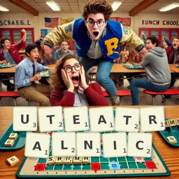 Kreatywna ilustracja do gry w Scrabble ze słowem UTEATRALNIC ułożonym z płytek na planszy.