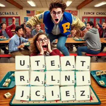 Kreatywna ilustracja do gry w Scrabble ze słowem UTEATRALNIJCIEZ ułożonym z płytek na planszy.