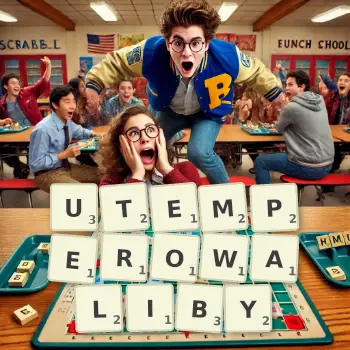 Kreatywna ilustracja do gry w Scrabble ze słowem UTEMPEROWALIBY ułożonym z płytek na planszy.