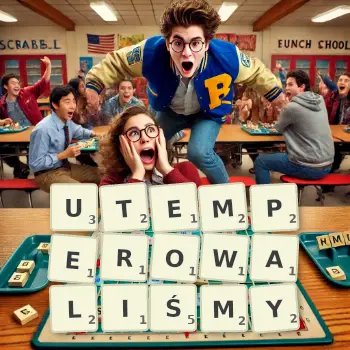 Kreatywna ilustracja do gry w Scrabble ze słowem UTEMPEROWALIŚMY ułożonym z płytek na planszy.