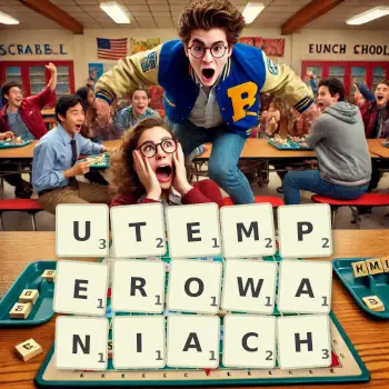 Kreatywna ilustracja do gry w Scrabble ze słowem UTEMPEROWANIACH ułożonym z płytek na planszy.