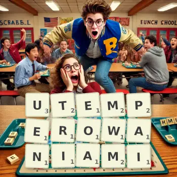 Kreatywna ilustracja do gry w Scrabble ze słowem UTEMPEROWANIAMI ułożonym z płytek na planszy.