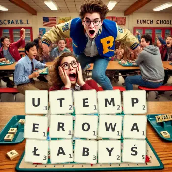 Kreatywna ilustracja do gry w Scrabble ze słowem UTEMPEROWAŁABYŚ ułożonym z płytek na planszy.