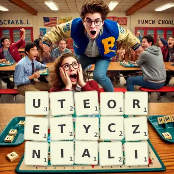 Kreatywna ilustracja do gry w Scrabble ze słowem UTEORETYCZNIALI ułożonym z płytek na planszy.