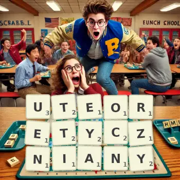 Kreatywna ilustracja do gry w Scrabble ze słowem UTEORETYCZNIANY ułożonym z płytek na planszy.