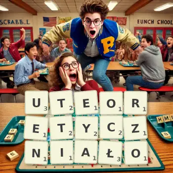 Kreatywna ilustracja do gry w Scrabble ze słowem UTEORETYCZNIAŁO ułożonym z płytek na planszy.