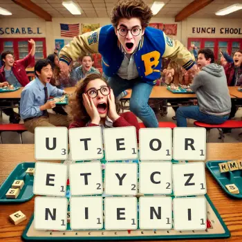 Kreatywna ilustracja do gry w Scrabble ze słowem UTEORETYCZNIENI ułożonym z płytek na planszy.