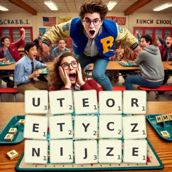 Kreatywna ilustracja do gry w Scrabble ze słowem UTEORETYCZNIJZE ułożonym z płytek na planszy.