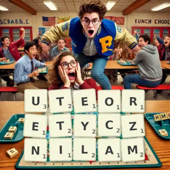 Kreatywna ilustracja do gry w Scrabble ze słowem UTEORETYCZNILAM ułożonym z płytek na planszy.