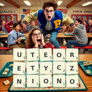 Kreatywna ilustracja do gry w Scrabble ze słowem UTEORETYCZNIONO ułożonym z płytek na planszy.