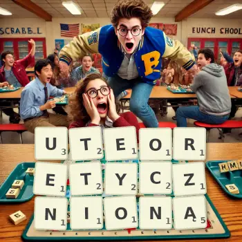 Kreatywna ilustracja do gry w Scrabble ze słowem UTEORETYCZNIONĄ ułożonym z płytek na planszy.