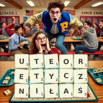 Kreatywna ilustracja do gry w Scrabble ze słowem UTEORETYCZNIŁAŚ ułożonym z płytek na planszy.