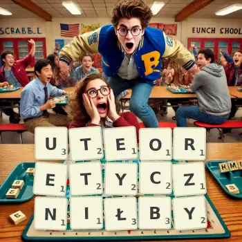 Kreatywna ilustracja do gry w Scrabble ze słowem UTEORETYCZNIŁBY ułożonym z płytek na planszy.