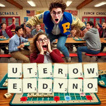 Kreatywna ilustracja do gry w Scrabble ze słowem UTEROWERDYNO ułożonym z płytek na planszy.