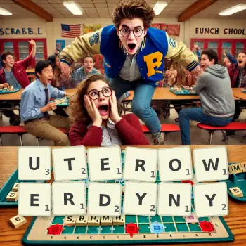 Kreatywna ilustracja do gry w Scrabble ze słowem UTEROWERDYNY ułożonym z płytek na planszy.