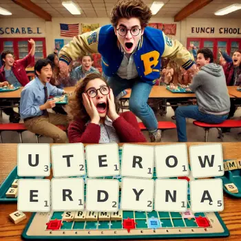 Kreatywna ilustracja do gry w Scrabble ze słowem UTEROWERDYNĄ ułożonym z płytek na planszy.