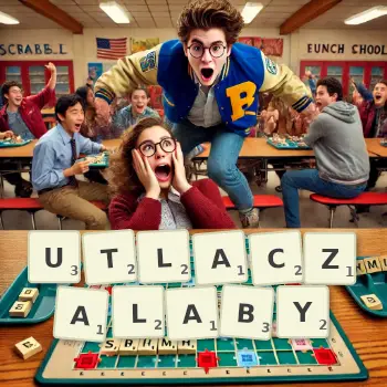 Kreatywna ilustracja do gry w Scrabble ze słowem UTLACZALABY ułożonym z płytek na planszy.