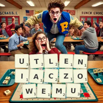 Kreatywna ilustracja do gry w Scrabble ze słowem UTLENIACZOWEMU ułożonym z płytek na planszy.