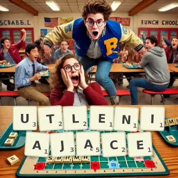 Kreatywna ilustracja do gry w Scrabble ze słowem UTLENIAJĄCE ułożonym z płytek na planszy.