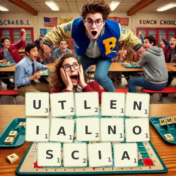 Kreatywna ilustracja do gry w Scrabble ze słowem UTLENIALNOSCIA ułożonym z płytek na planszy.