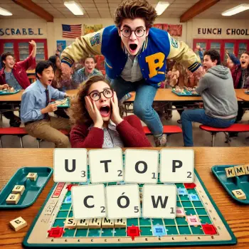 Kreatywna ilustracja do gry w Scrabble ze słowem UTOPCÓW ułożonym z płytek na planszy.