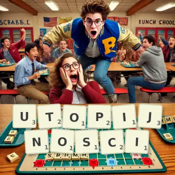 Kreatywna ilustracja do gry w Scrabble ze słowem UTOPIJNOSCI ułożonym z płytek na planszy.