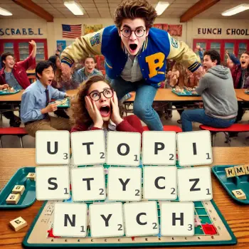 Kreatywna ilustracja do gry w Scrabble ze słowem UTOPISTYCZNYCH ułożonym z płytek na planszy.