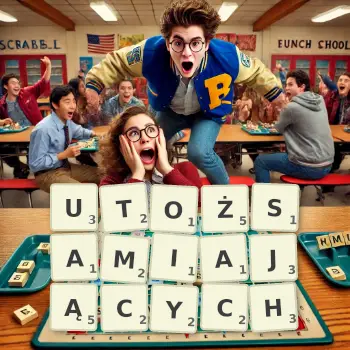 Kreatywna ilustracja do gry w Scrabble ze słowem UTOŻSAMIAJĄCYCH ułożonym z płytek na planszy.