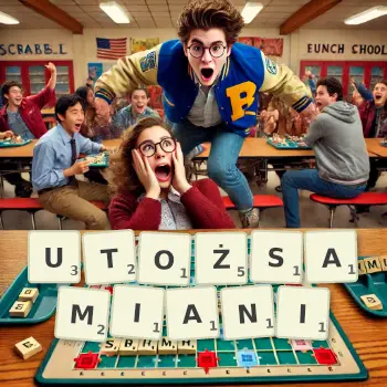 Kreatywna ilustracja do gry w Scrabble ze słowem UTOŻSAMIANI ułożonym z płytek na planszy.